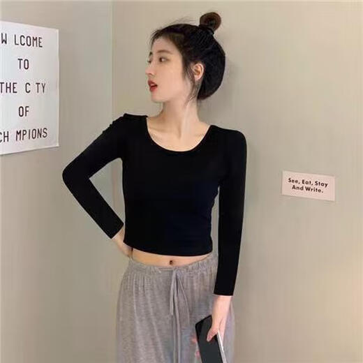 Solid color bottoming shirt for women spring new round neck V-neck long-sleeved T-shirt versatile slim fit women's top T-shirt dazzling long-sleeved V-neck T-shirt black XL