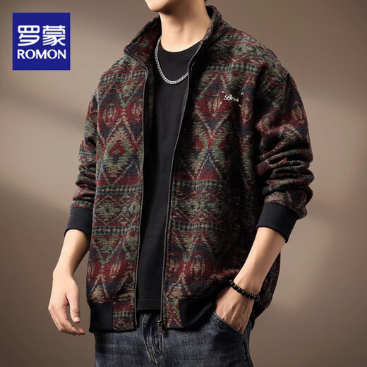 ROMON high-end ethnic style wool knitted jacket men's autumn and winter loose large size heavy retro cardigan sweater men's fashion red L suitable for 120-140Jin Jin equals 0.5 kg