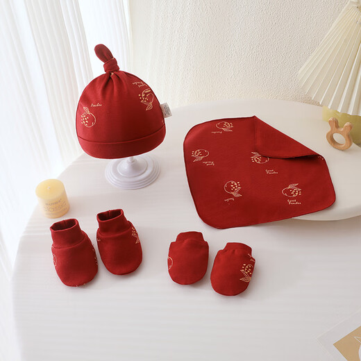 Mofan Bear Newborn Hats and Socks 4-piece Set Baby Fetal Caps 0-3 Months Autumn and Winter Boneless Anti-Scratch Gloves Baby Socks Newborn Gift Flower Newborn Four-piece Set