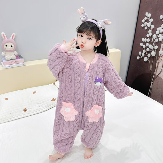 Snoopy (SNOOPY) children's one-piece pajamas for girls, flannel, autumn and winter for boys and girls, thickened coral velvet baby anti-kicking quilt sleeping bag, purple - twist velvet 80cm, recommended 75-85cm