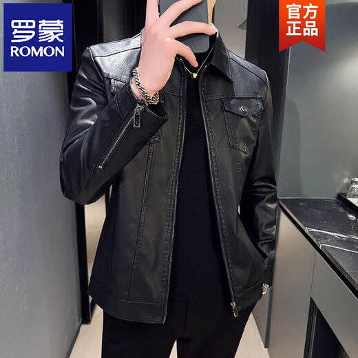 ROMON Thin Slim Leather Jacket Men's Lapel Leather Jacket Trendy Casual Handsome Autumn and Winter Velvet Motorcycle Jacket Men Black Thin M Recommended 100-110 Jin Jin equals 0.5 kg