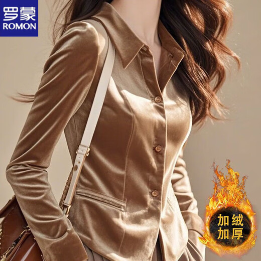 ROMON's new winter style French unique and beautiful top, fashionable, luxurious, high-end, super nice yellow velvet shirt, yellow plus/velvet plus/thick M 100-110Jin Jin equals 0.5 kg