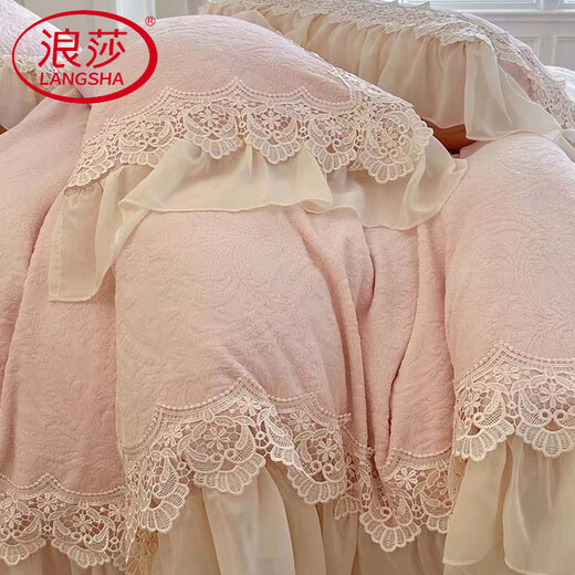 Langsha 2025 autumn and winter new thickened carved velvet baby velvet Annabell series French double-layer lace four-piece set Annabell pink bed sheet style 1.5m four-piece set