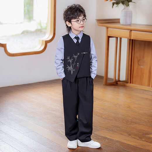 萝卜呗呗（LUOBOBEIBEI）儿童西装新中式男童国风马甲花童礼服男孩演出服 黑色四件套 110