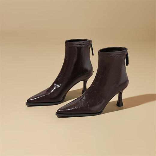 Daphne high-heeled short boots for women with thin heel and temperament autumn single boots 2025 new versatile European and American style ankle boots for women brown 38 (240mm) standard size