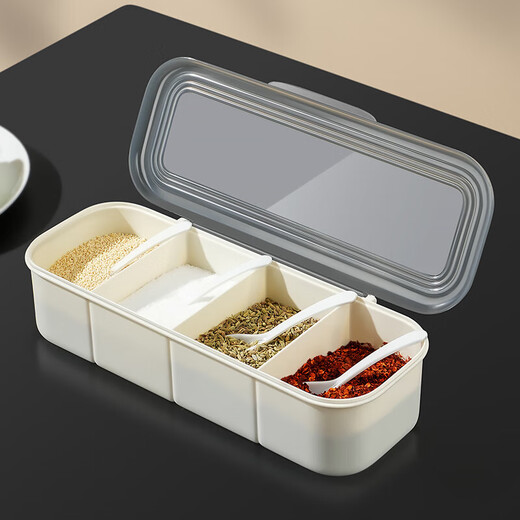 Fu Jian seasoning box compartment set household seasoning jar flip-top seasoning bottle MSG salt box with spoon kitchen seasoning box simple three-compartment seasoning box cream white
