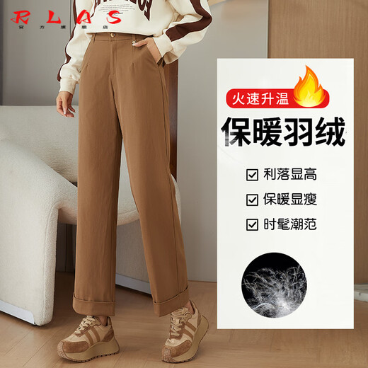 RLAS Brown Straight Down Pants Women's Winter Small Cuffed Nine-Point Wide-leg Pants Cold-proof Thickened Duck Down Cotton Pants Navy 26