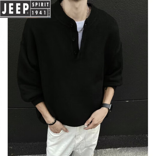 JEEP SPIRIT American retro Henley collar sweater for men, autumn and winter, lazy, high-end, casual, men's inner base sweater, dark gray 2XL