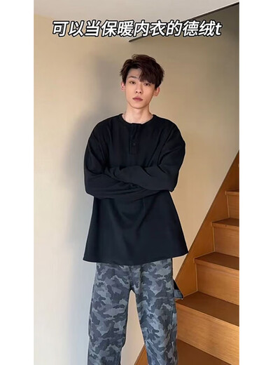 Cleanfit henley collar German velvet bottoming shirt men's winter plus velvet warm round neck long-sleeved t-shirt with sweatshirt inside black upgraded style M collection and purchase priority b