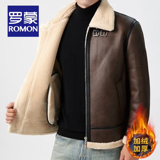 ROMON fur integrated plus velvet leather jacket for men in autumn and winter, lamb velvet comfortable and warm jacket, thickened motorcycle leather jacket for men, black fur integrated L/175
