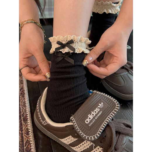 VCICTIOLIA Lace Socks Women's Mid-calf Autumn and Winter Pure Cotton Bow Pile Socks Ballet Style Long Thighs with Small Leather Shoes Milk White + Gray + Black One Size