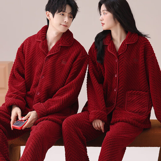 Modal Light Luxury Red Pajamas Wedding Couple Wear Couple Women Autumn and Winter Coral Velvet Newly Married Men's Flannel Birth Year Men's Flannel 8803 L Women's Style Suitable for 100-120 Jin Jin equals 0.5 kg