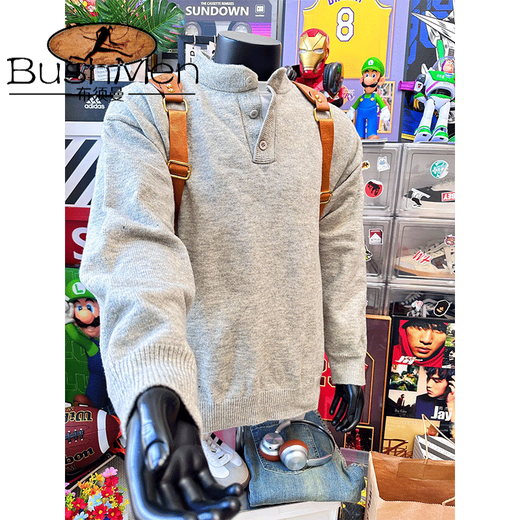 Bushman American retro Henry V-neck sweater for men, autumn and winter loose lazy style sweater cleanfit with long sleeves inside, light gray, upgraded style, 90% of buyers choose 2XL