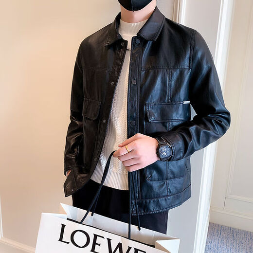 Pu leather jacket men's spring and autumn 2025 new handsome motorcycle leather jacket British yuppie style men's top black 2XL 2XL recommended weight 145-160Jin Jin equals 0.5 kg