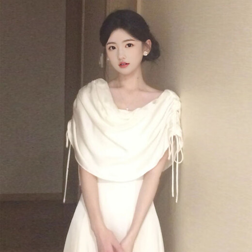 ACJK French style gentle white moonlight swing collar dress feminine and beautiful waist waist banquet dress long skirt off-white L