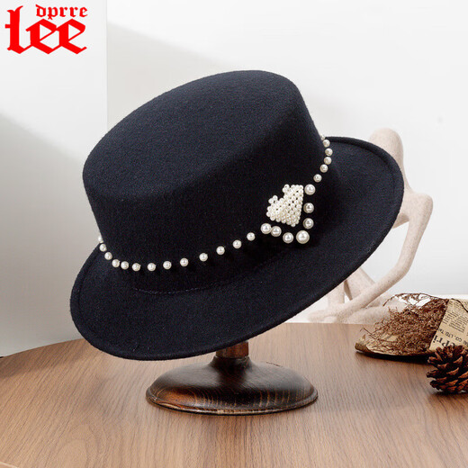 Lee dprre new autumn and winter British large brim flat top hat women's French retro elegant comfortable woolen felt top hat navy blue M size