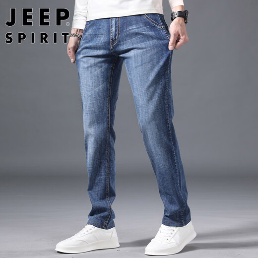 JEEP SPIRIT Jeep jeans men's loose autumn and winter men's straight pants micro-elastic casual pants matte white blue 33