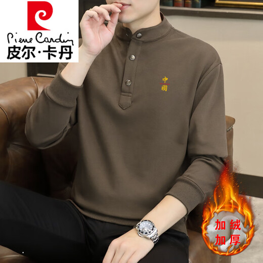 Pierre Cardin Chinese style sweatshirt men's Henry collar spring autumn winter 2025 new velvet thick long-sleeved T-shirt men's base layer autumn W5878 white velvet XL