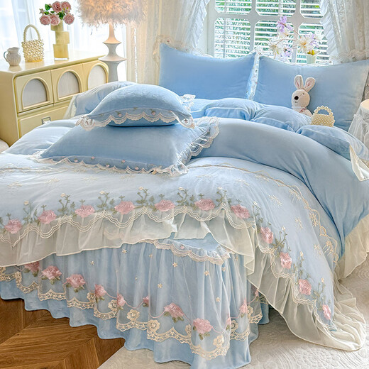 Yalu Class A milk velvet four-piece bed skirt style winter double-sided velvet thickened lace bedspread coral velvet sheet quilt cover Attachment-Baby Blue Class A maternal and infant grade/aesthetic lace design bed skirt style 1.5m four-piece quilt cover 200x230cm