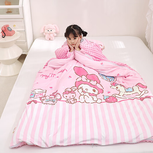 Yalu Category A Kuromi Melody All-in-one Sleeping Bag Baby Velvet Sheet Dual-Purpose Thin Padded Sheet for Girls, Medium and Large Children Split-Type Detachable Sleeping Bag-Melody Trojan Warm Velvet Beanie Double-sided Partitioned Neck Pillow