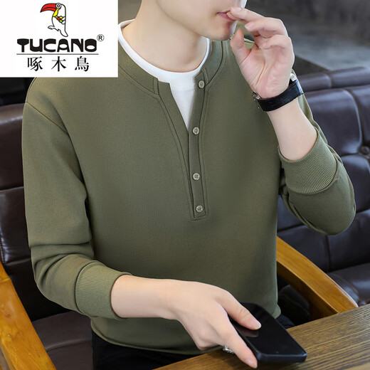 Woodpecker fake two-piece sweatshirt autumn men's Henry collar bottoming shirt 2025 spring and autumn new trendy brand loose long-sleeved T-shirt white M