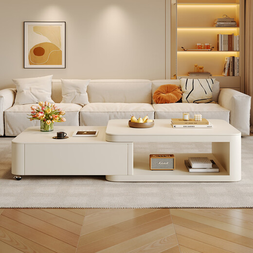Home Fragrance Dream retractable slate coffee table living room household large and small apartment coffee table table movable cream style modern small table tea table pure white slate retractable coffee table 80*60*40cm