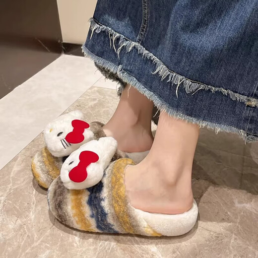 Girls indoor home slippers, winter fashionable cute cat fur shoes, warm non-slip cartoon cotton slippers for women, purple plaid-KT cat cotton slippers 37.5 38-39 size (suitable for 37-38)