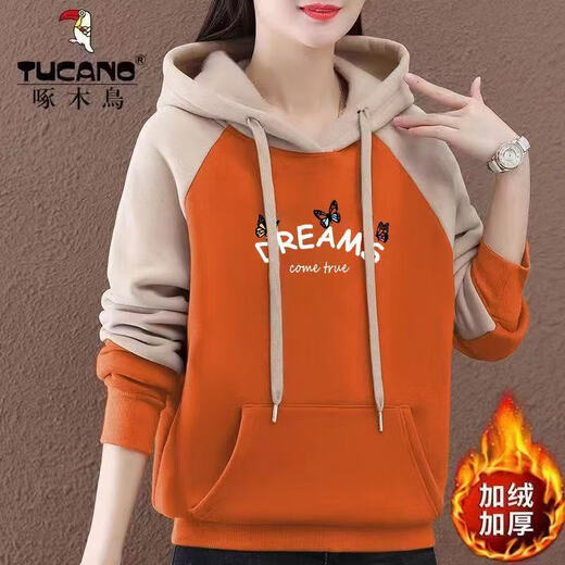 啄木鸟正品高档连帽加绒加厚卫衣女2025冬季新款洋气外穿宽松上衣 黑红色【啄木鸟正品】 M 建议100斤以内