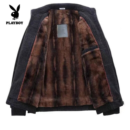 Playboy (PLAYBOY) winter men's chenille jacket dad's woolen jacket autumn and winter middle-aged men's top official flagship new model/black and blue chenille stand-up collar plus velvet thickening M 170 (suitable for 100-115 Jin Jin is equal to 0.5 kg