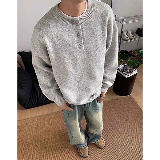 ZHUYIFAN American Retro Henley Collar Sweater Lazy Feeling Men's Right Shoulder Sweater Jacket Cleanfit Bottoming Shirt Black 5XL