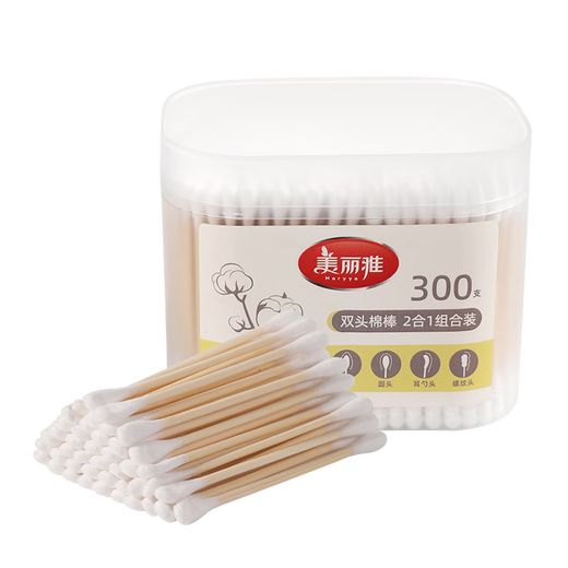 Meiya double-headed cotton swabs 300 pieces boxed ear-picking makeup pointed round head spiral cleaning multi-functional ear-picking spoon cotton swab stick