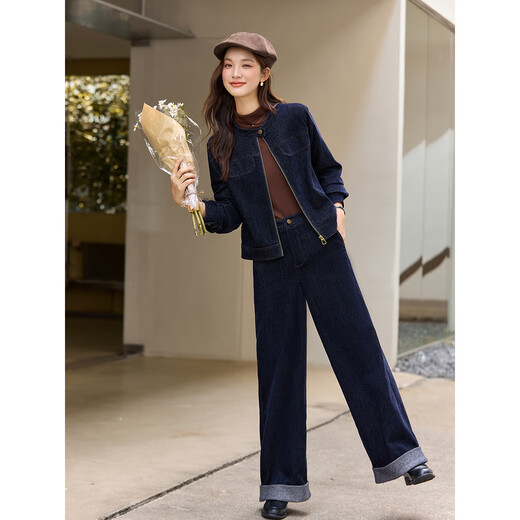 Fanximan blue casual denim suit for women 25 years new winter new round neck zipper jacket wide leg trousers two-piece set A3093 denim blue XL (recommended 120-130Jin Jin equals 0.5 kg)