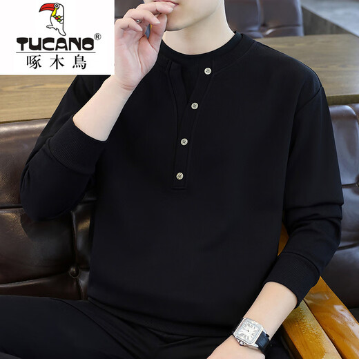 Woodpecker fake two-piece sweatshirt autumn men's Henry collar bottoming shirt 2025 spring and autumn new trendy brand loose long-sleeved T-shirt white M