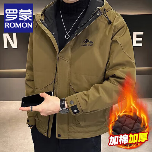 ROMON Men's Autumn and Winter Cotton Thickened Jacket Men's Youth Cotton Jacket Hooded Work Wear Windproof and Waterproof Cotton Clothes Anti-Wrinkle Versatile M1091 Gray Green XL