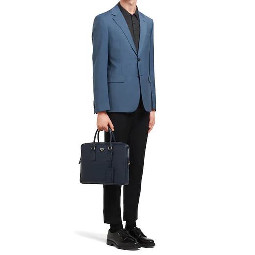 PRADA Saffiano Leather Triangular Enamel Logo Men's Briefcase Handbag Blue Basic Pack (Bag + Dust Bag)