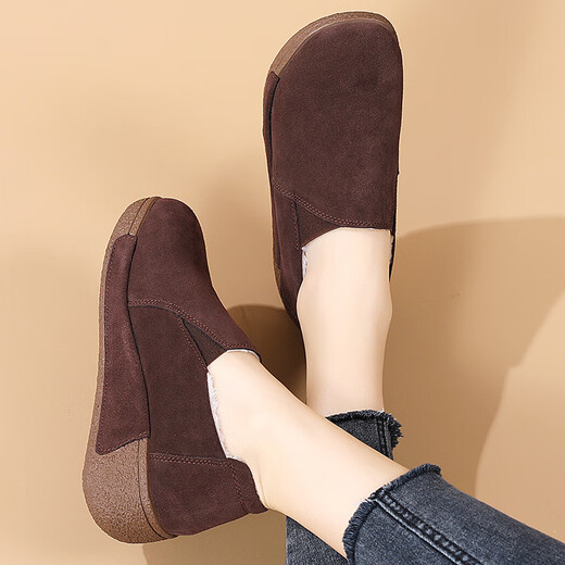 100% Gravity Old Beijing Cloth Shoes Women's Winter Plus Velvet Slip-On Cotton Shoes Winter Wedge Heel Increased Women's Soft Sole Casual Mom Shoes Black 5.0cm Upgraded Model 38_Enjoy Priority Shipping with Additional Purchases