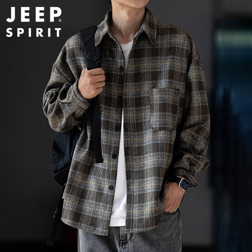 JEEP SPIRIT Jeep brushed thickened plaid shirt men's autumn and winter workwear long-sleeved shirt casual jacket dark gray 2XL