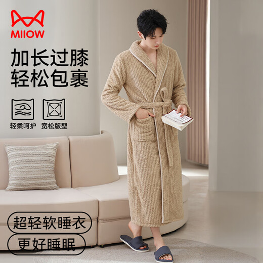Catman Warm Sherry Velvet Pajamas Couples Pajamas Men's Winter Striped Extra Long Warm Simple Bathrobe Beige 2XL