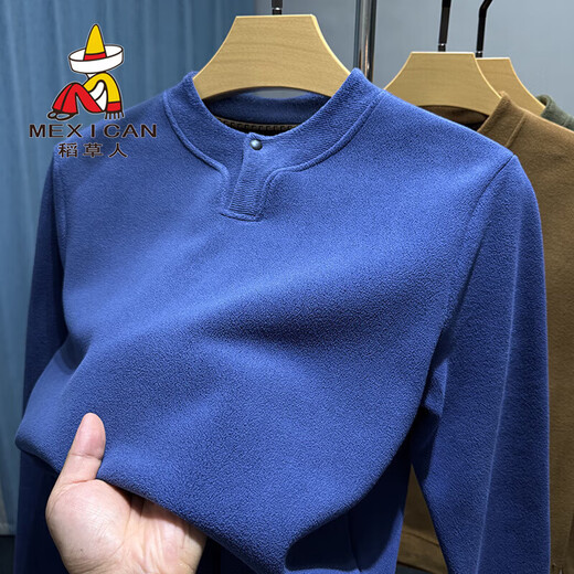 Scarecrow Austrian velvet Henry shirt collar sweatshirt for men, warm autumn and winter velvet thickened bottoming shirt for men, polar fleece inner top, gray XL 175