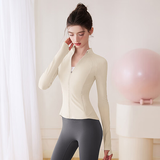 LULULMCCTN long-sleeved yoga tops with chest pads for women, autumn new fitness sports Pilates professional training set, milky white jacket XL