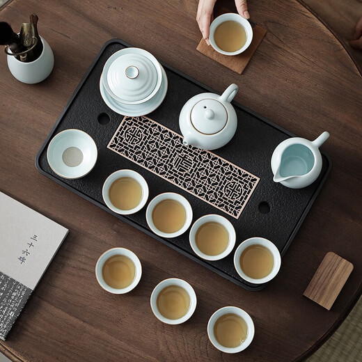 Yuese Ru Kiln Kung Fu Tea Set Ceramics with Tea Tray Office Guest Household Small Set Ru Kiln 12 Pieces + Tea Tray Window Ming Rectangular 43x26 12 Pieces