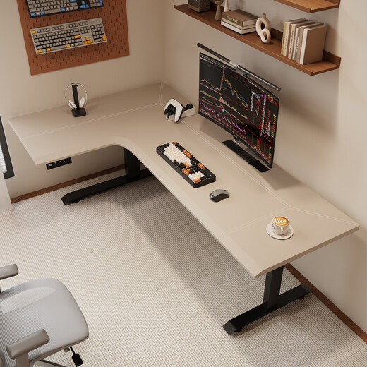 Corner computer desk smart electric lift table home L-shaped desk liftable gaming table corner desk H09 SE turn left black saddle leather desktop + I-beam double motor 1.4m*1.1m desktop size with row plug box