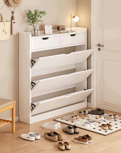 Ultra-thin tipping shoe cabinet for home entrance door vertical ultra-narrow storage cabinet integrated against the wall 2025 new corridor shoe rack holds about 18 pairs - high-density composite board elegant gray 100-17-120 self-assembled