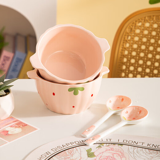 Girly Heart Strawberry Double-Eared Bowl and Spoon Thickened Soup Bowl Salad Bowl Rice Bowl Household Bowl High-Looking Underglaze Color Tableware Light Pink Strawberry Double-Eared Bowl (2 Bowls 2 Spoons) 4-piece Set