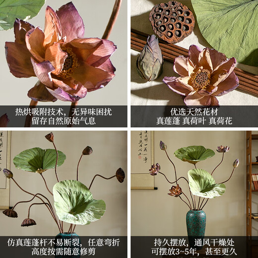 Real flower living room decoration lotus lotus dried flowers natural high-end decorative ornaments bouquet Zen light luxury wabi-sabi style simulation rod lotus set 7 with vase with patina vase A dry flower bag