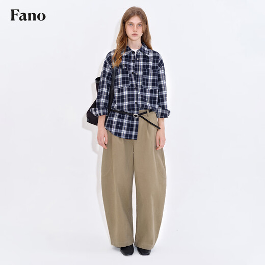 Fano studios Fan Luo Fano casual and versatile brushed yarn-dyed plaid contrasting color set four-button relaxed shirt women's top blue and white plaid ready stock L