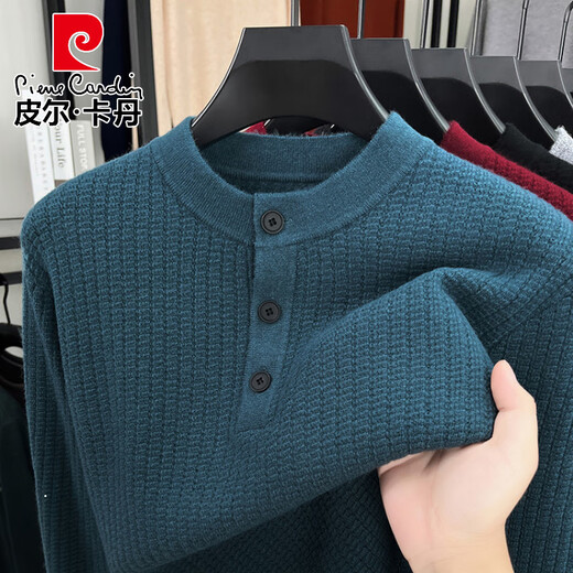 Pierre Cardin thickened sweater men's autumn and winter middle-aged casual cardigan Henry collar pullover knitted bottoming sweater warm and trendy floral dark green one size 105