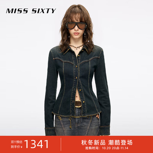 MISS SIXTY2025 winter new long-sleeved denim shirt for women retro washed lapel single-breasted retro blue M