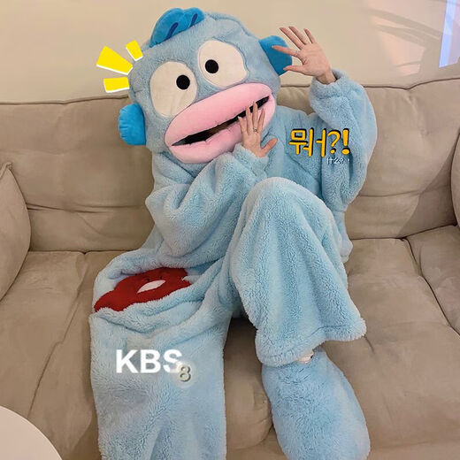 Ugly fish one-piece pajamas autumn and winter coral velvet clownfish new plus velvet thickened cute cartoon one-piece home clothes 50822 clownfish one-piece velvet light blue L 100-120Jin Jin equals 0.5 kg