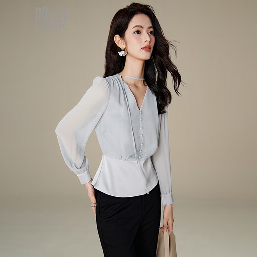 Late White New Product 2025 Autumn V-neck Temperament Top Fashionable Versatile Slim Commuting Shirt for Women Silver Gray M